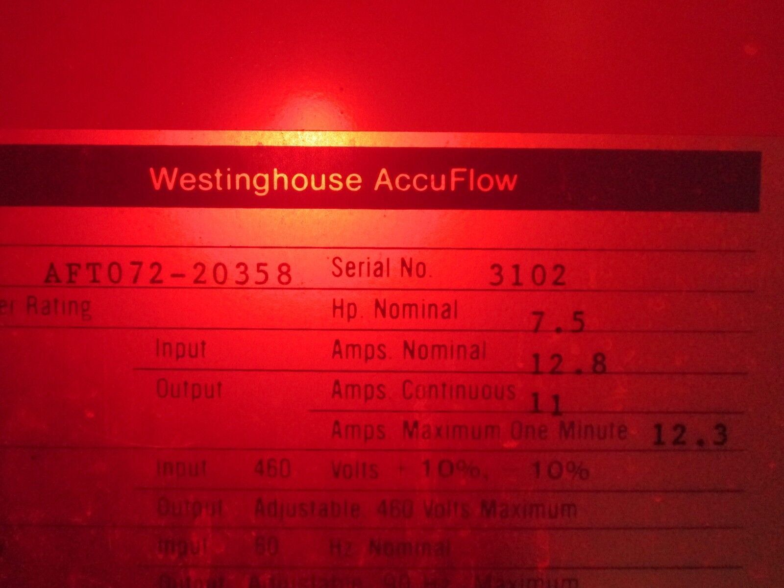 Westinghouse AccuFlow AC Drive w/ Bypass AFT072-20358 7.5HP Used