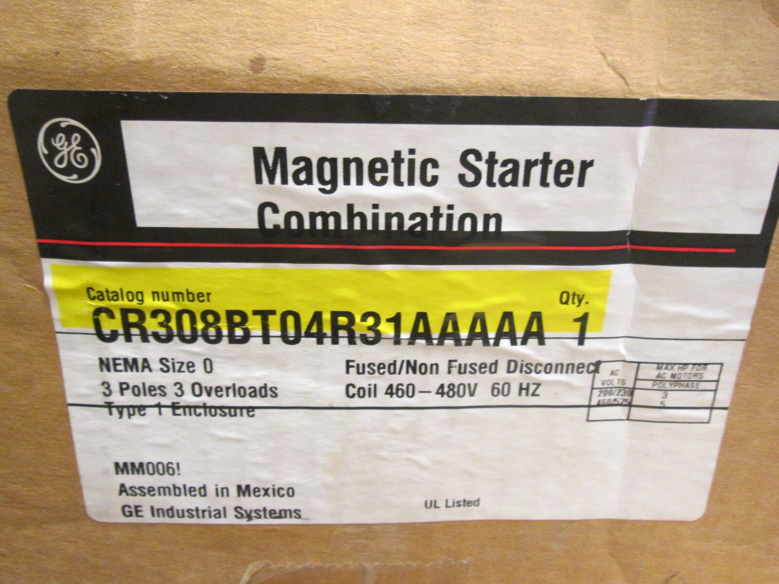 GE Size 0 Fusible Combination CR308BT04-R31AAAAA 460-480V Coil 3P New Surplus