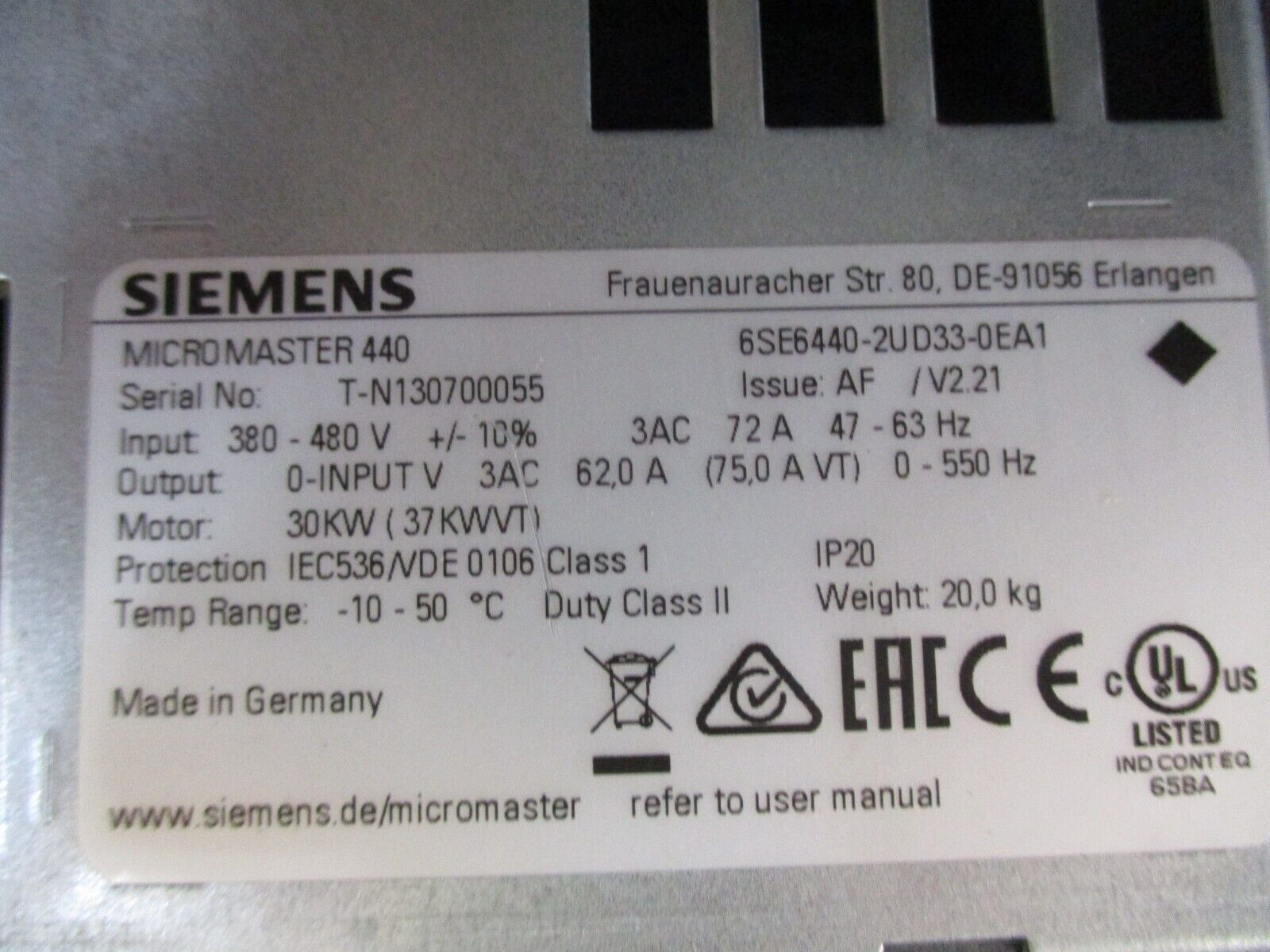 Siemens MicroMaster 440 AC Drive 6SE6440-2UD33-0EA1 40HP *Damaged Box*