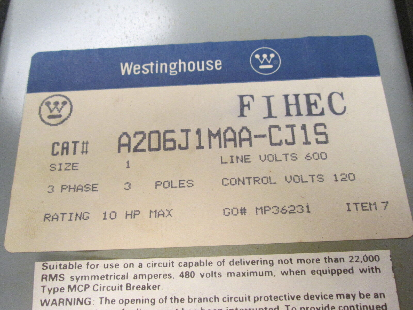 Westinghouse Breaker Size 1 Combination A206J1MAA-CJ1S 120V Coil 3Ph 3P Used