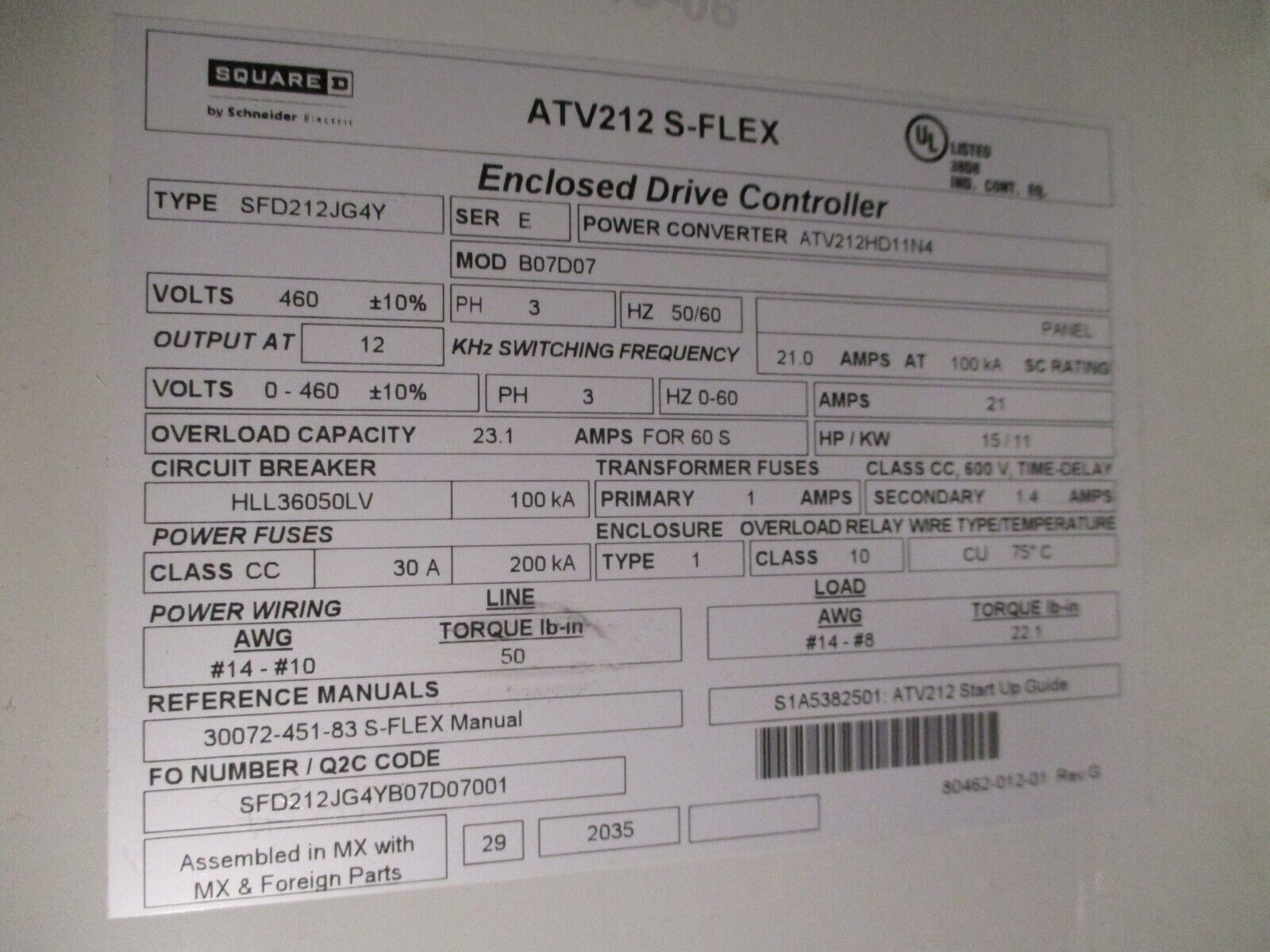 Square D ATV212 S-Flex AC Drive w/ Bypass SFD212JG4Y Ser. E 15HP 3Ph w/ Keypad