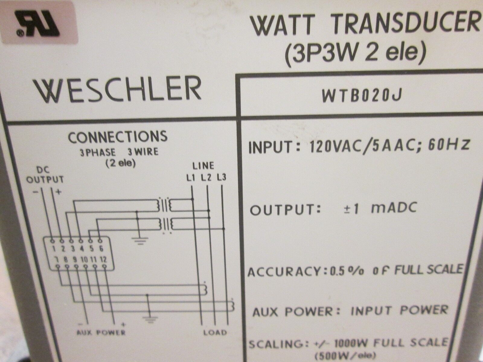 Weschler Watt Transducer WTB020J 120V/5 60Hz 1MADC 3W Used