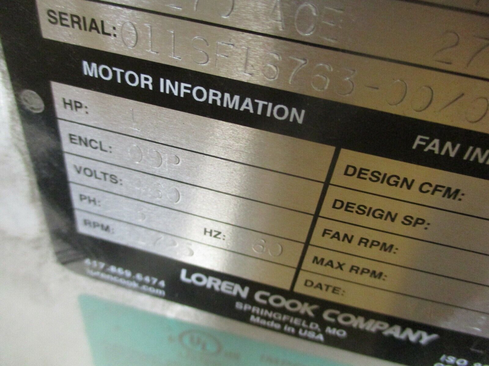 Cook Exhaust Fan 270 ACE 270C73 1HP 5360CFM 573RPM 460V 3PH 60Hz New Surplus