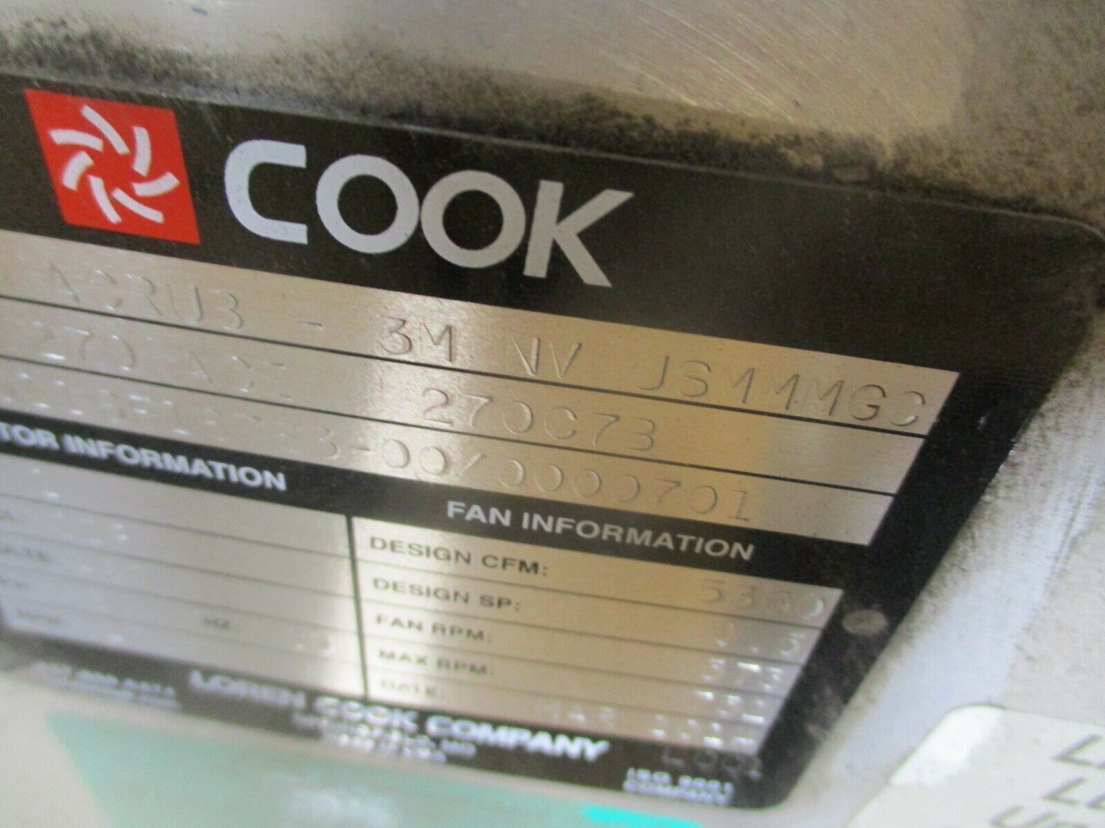 Cook Exhaust Fan 270 ACE 270C73 1HP 5360CFM 573RPM 460V 3PH 60Hz New Surplus