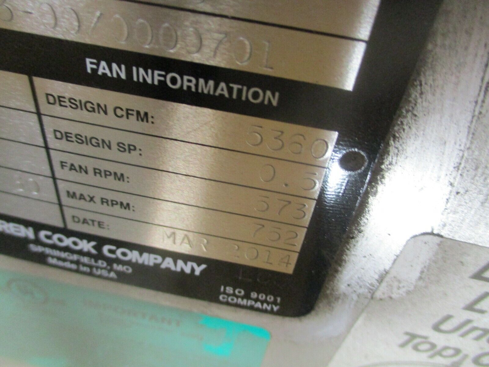 Cook Exhaust Fan 270 ACE 270C73 1HP 5360CFM 573RPM 460V 3PH 60Hz New Surplus