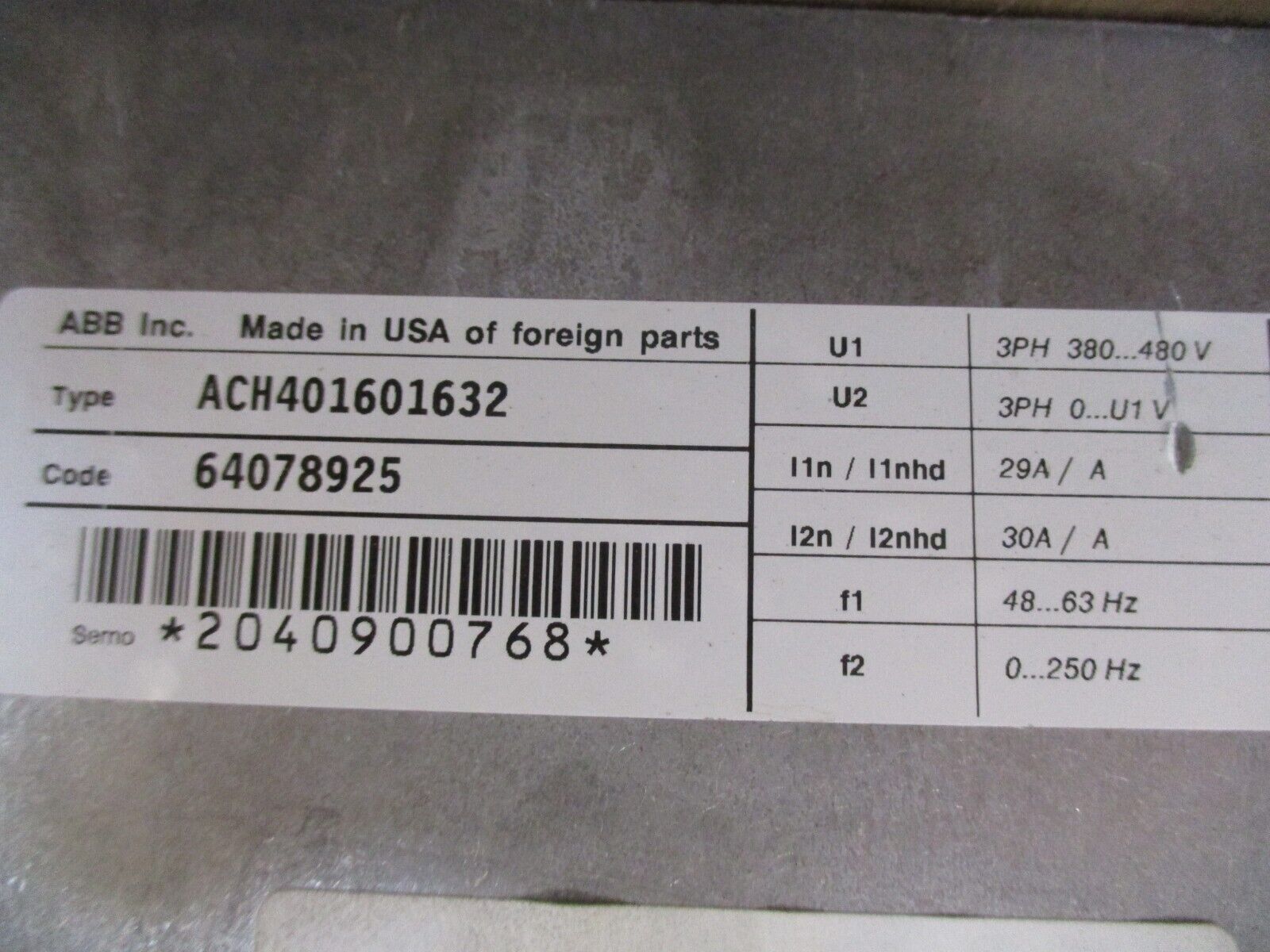 ABB ACH 401 AC Drive ACH401601632 20HP 3Ph w/ Keypad Used