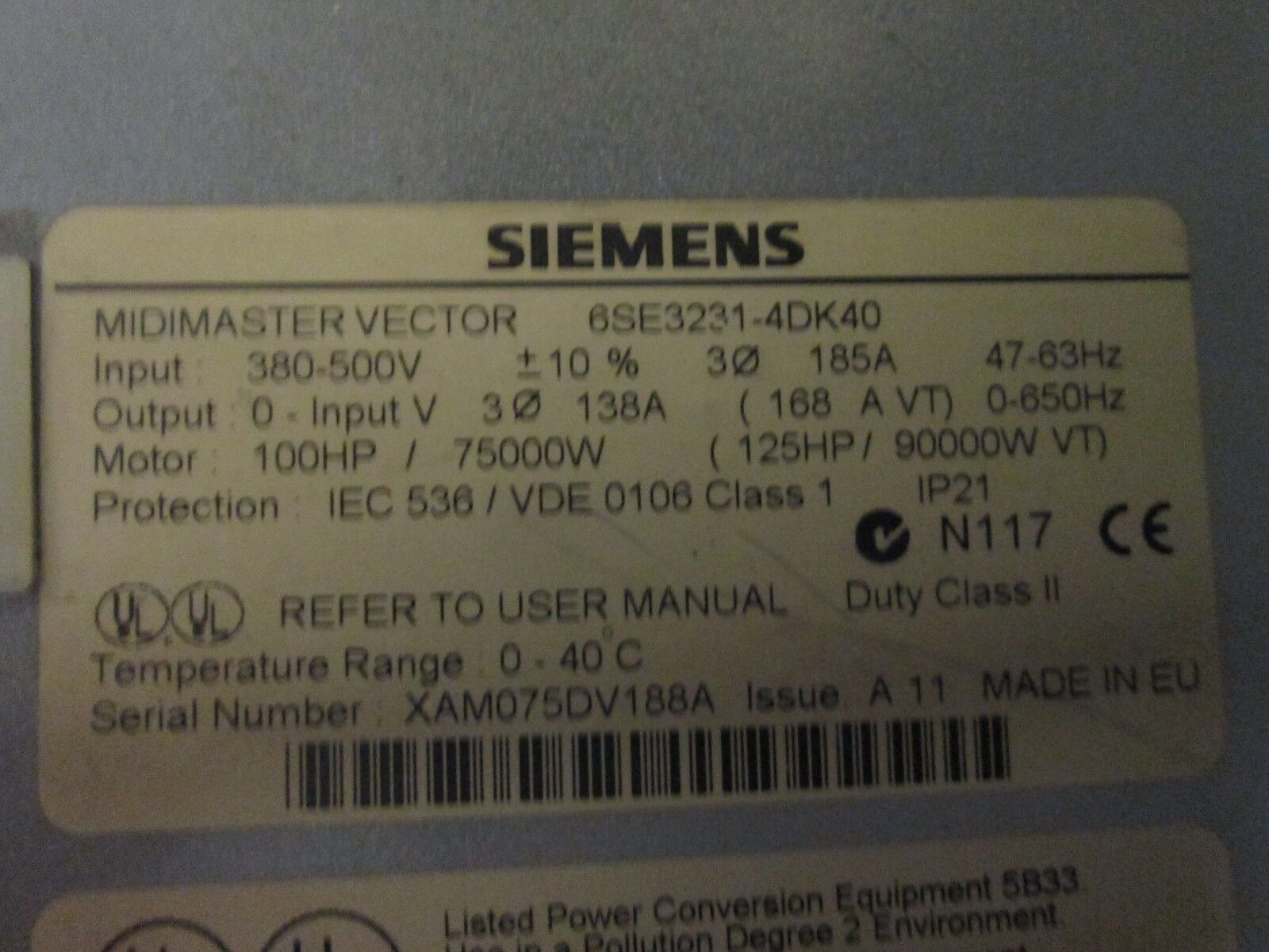 Siemens Midimaster Inverter AC Drive 6SE3231-4DK40 100/125HP Used