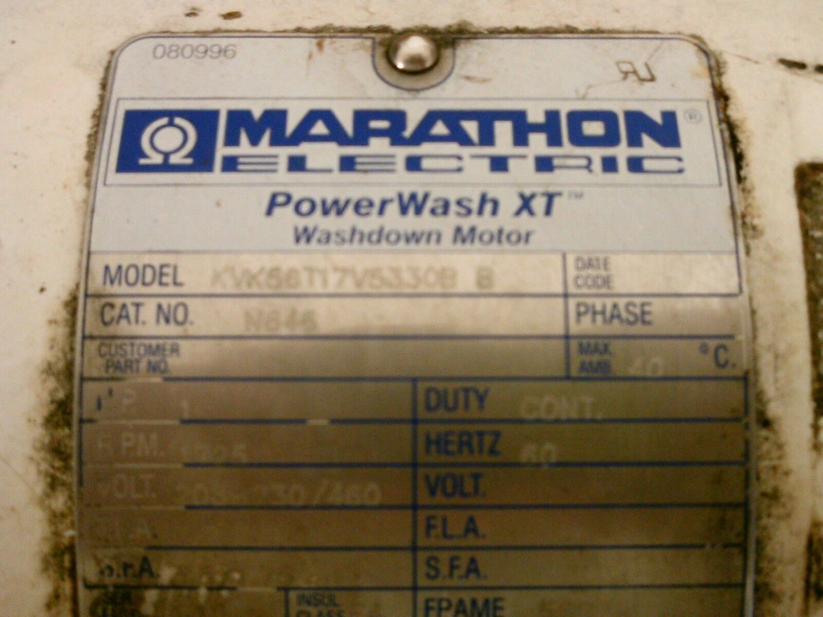 Marathon PowerWash XT Washdown Motor w/ Gear KVK56T17V5330B B 1HP 1800RPM Used