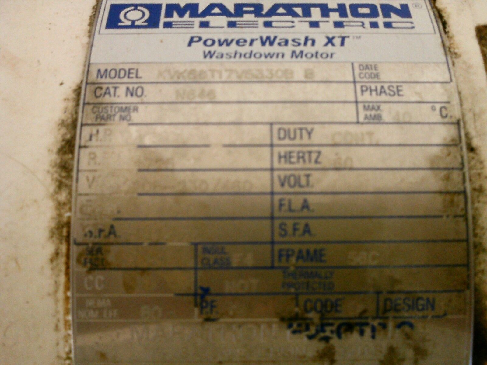 Marathon PowerWash XT Washdown Motor w/ Gear KVK56T17V5330B B 1HP 1800RPM Used