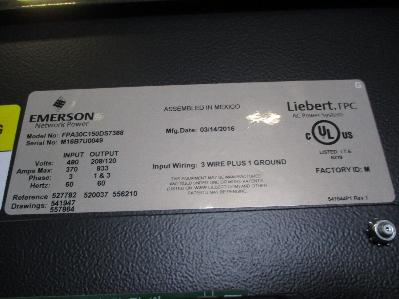 Emerson Liebert Power Distribution Unit FPA30C150DS7388 MFD: 2016 Used