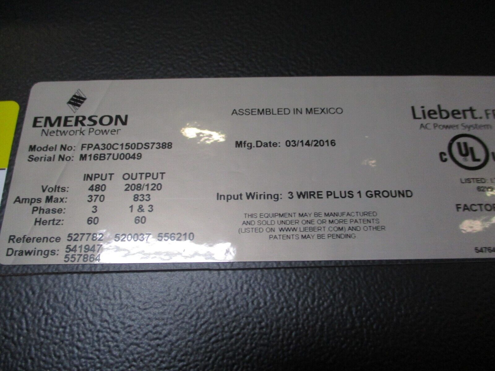 Emerson Liebert Power Distribution Unit FPA30C150DS7388 MFD: 2016 Used