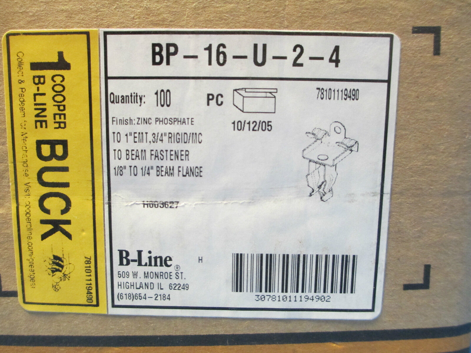 Cooper 1"EMT,3/4" Rigid/MC to Beam Fastener, BP-16-U-2-4, Aprox 50, New Surplus!