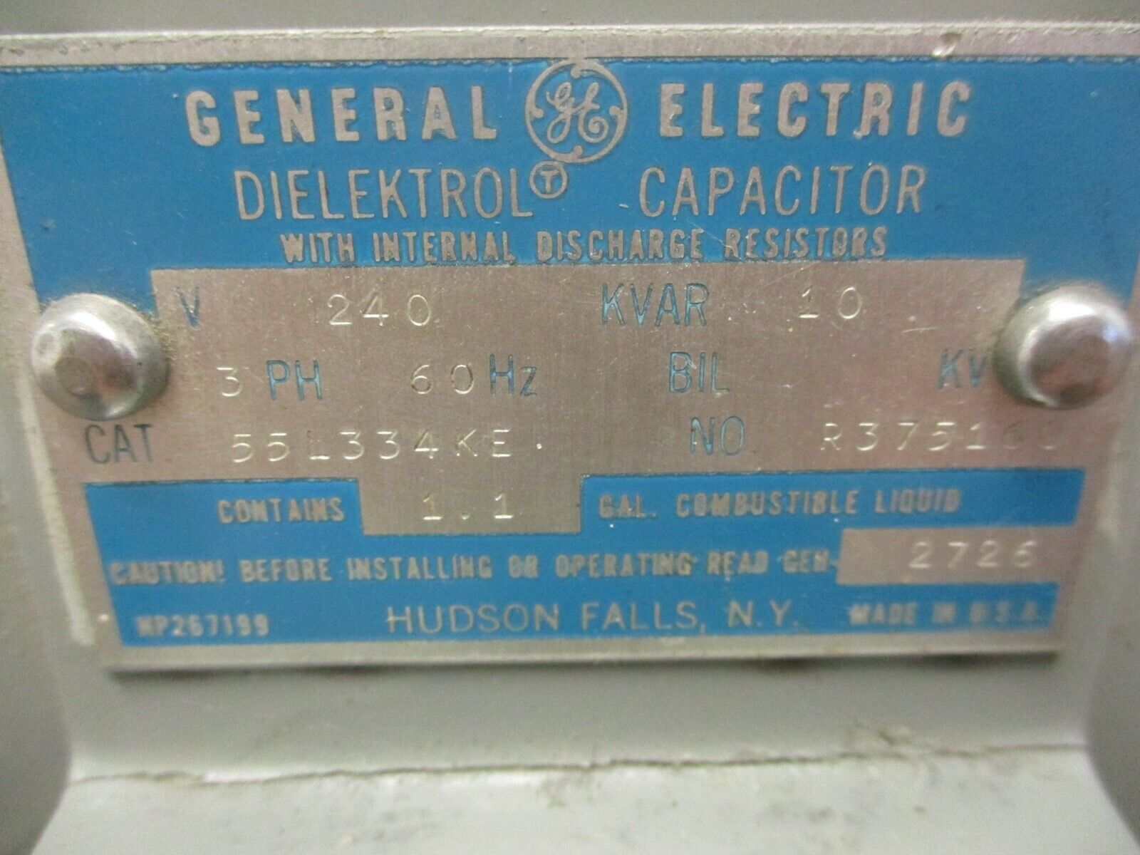 GE Dielektrol Capacitor 55L334KE 10kVAR 240V 60Hz 3Ph *Bent Top* Used