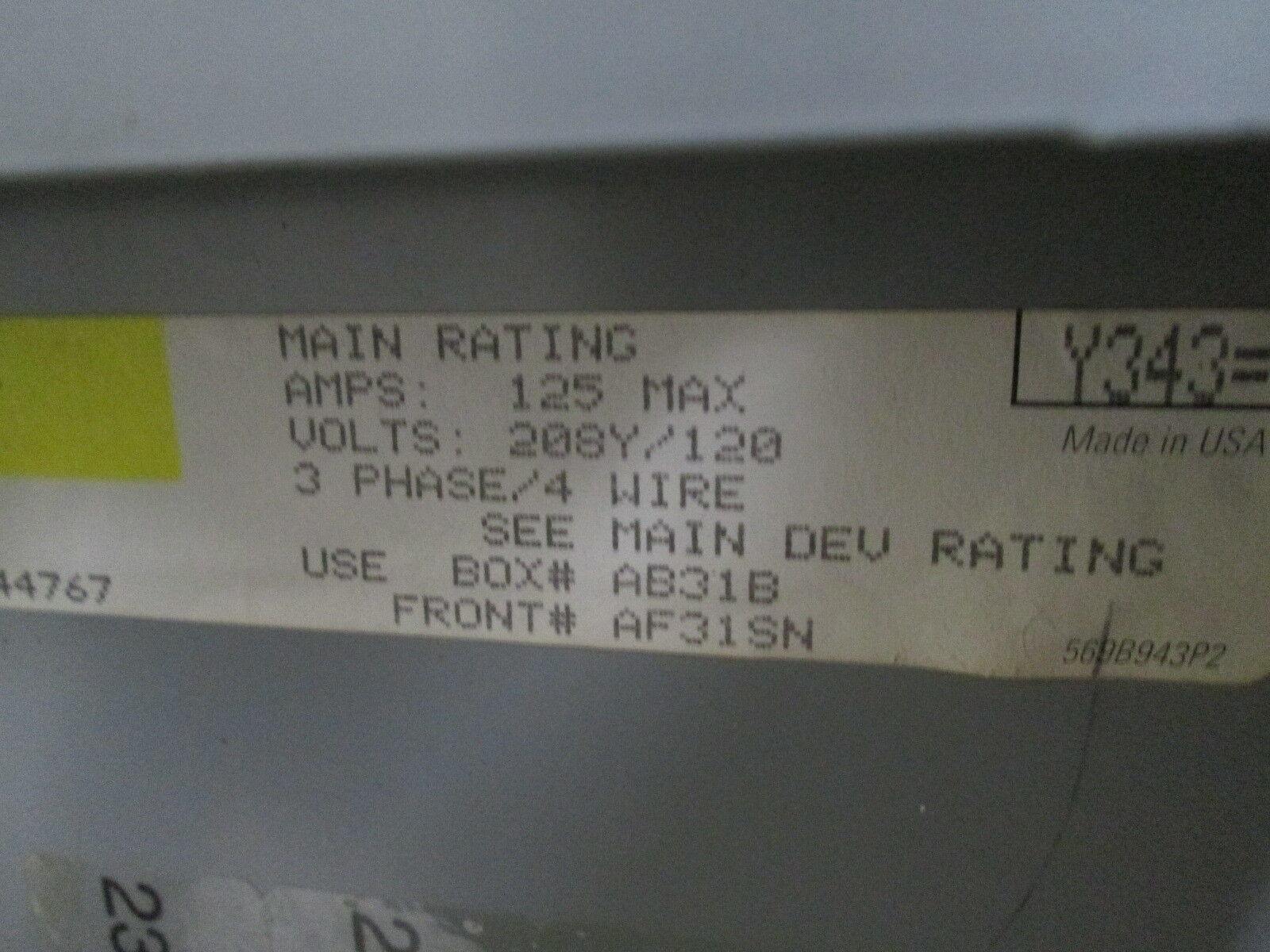 GE Main Breaker Circuit Breaker Panel AQF3241ABX AXB4 125A Max 208Y/120V Used