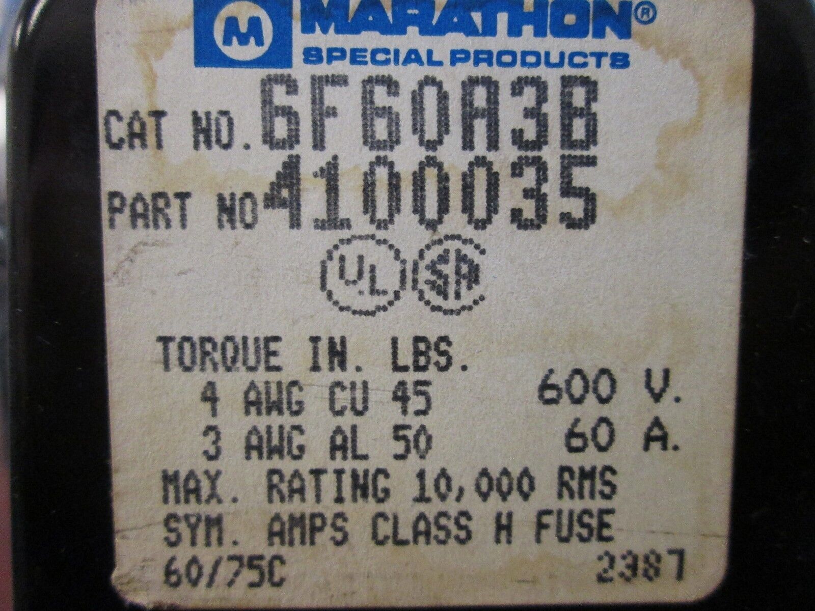 Marathon Fuse Block 6F60A3B 60A 600V 3P *Lot of 2* Used