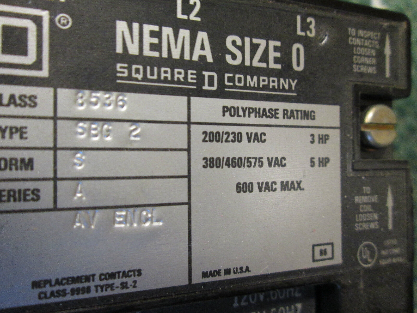 Square D Size 0 Starter 8536SBG2 120 V coil Thermal overload