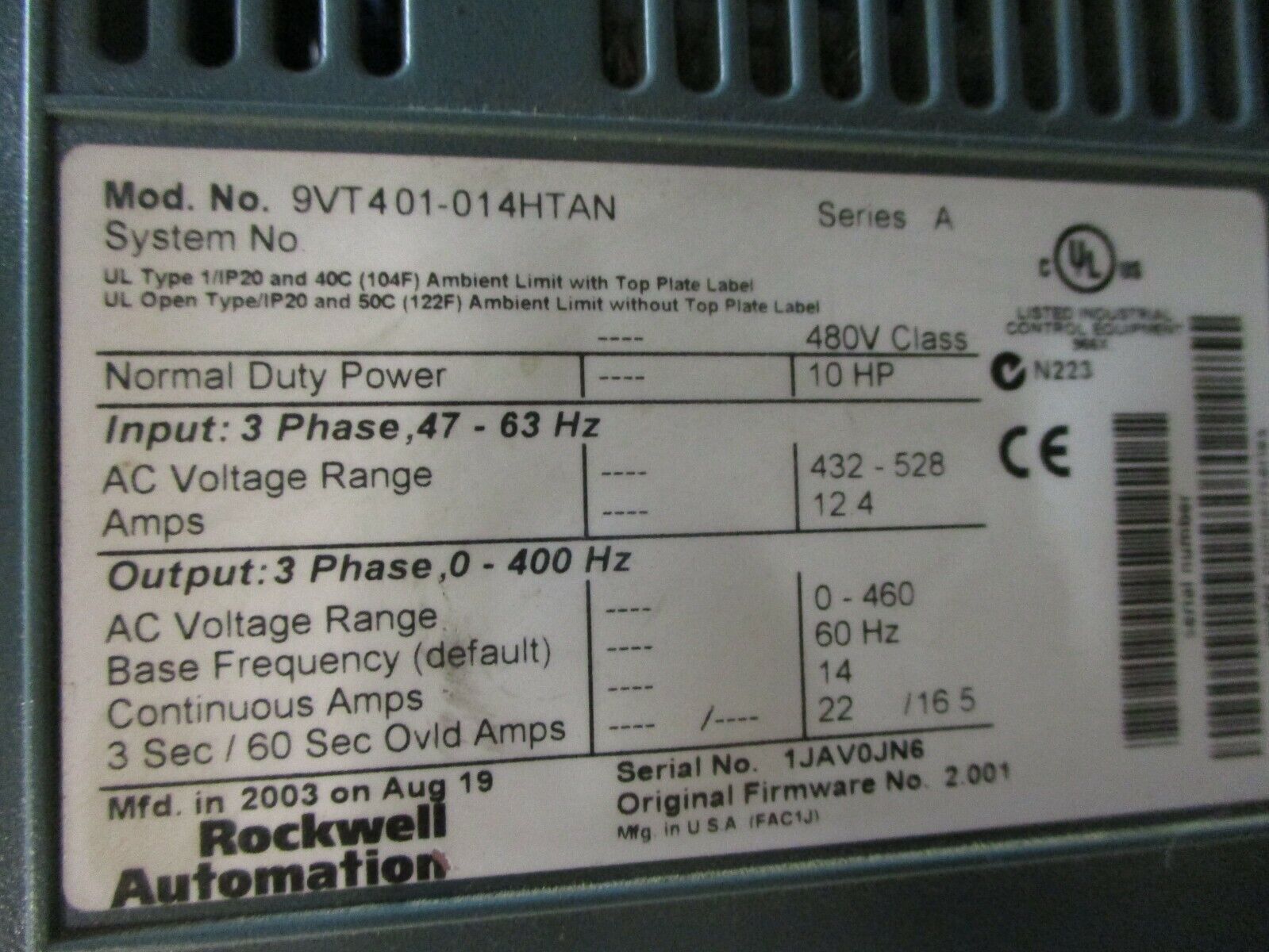 Rockwell Automation VTAC9 AC Drive 9VT401-014HTAN Ser. A 10HP 3Ph w/ Keypad Used