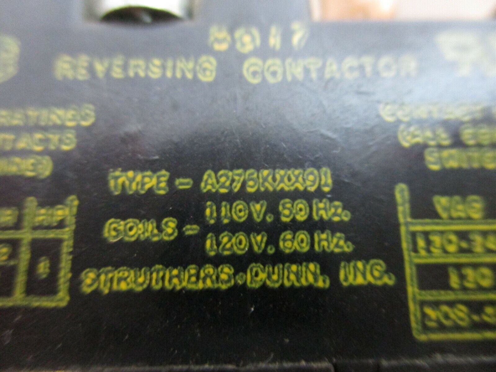Struthers-Dunn Reversing Contactor A275KXX91 120V Coil Used