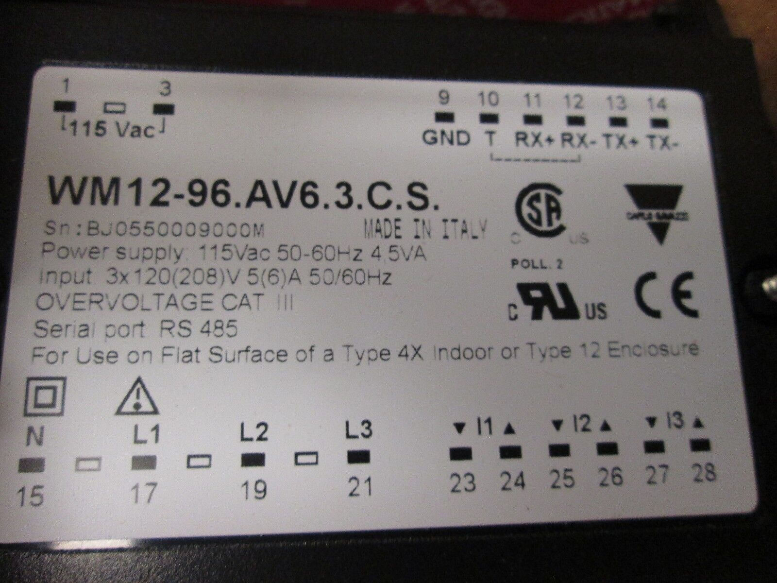 Carlo Gavazzi Multi-Function Meter WM12-96.AV6.3.C.S Input: 120/208V New Surplus