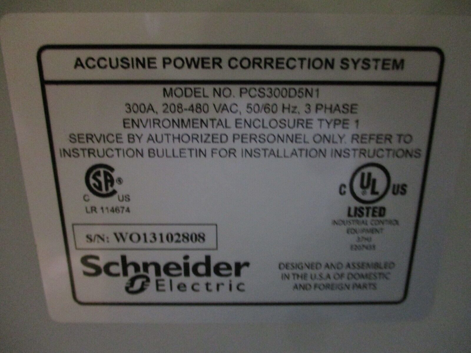 Schneider Electric AccuSine Power Correction System PCS300D5N1 300A Used