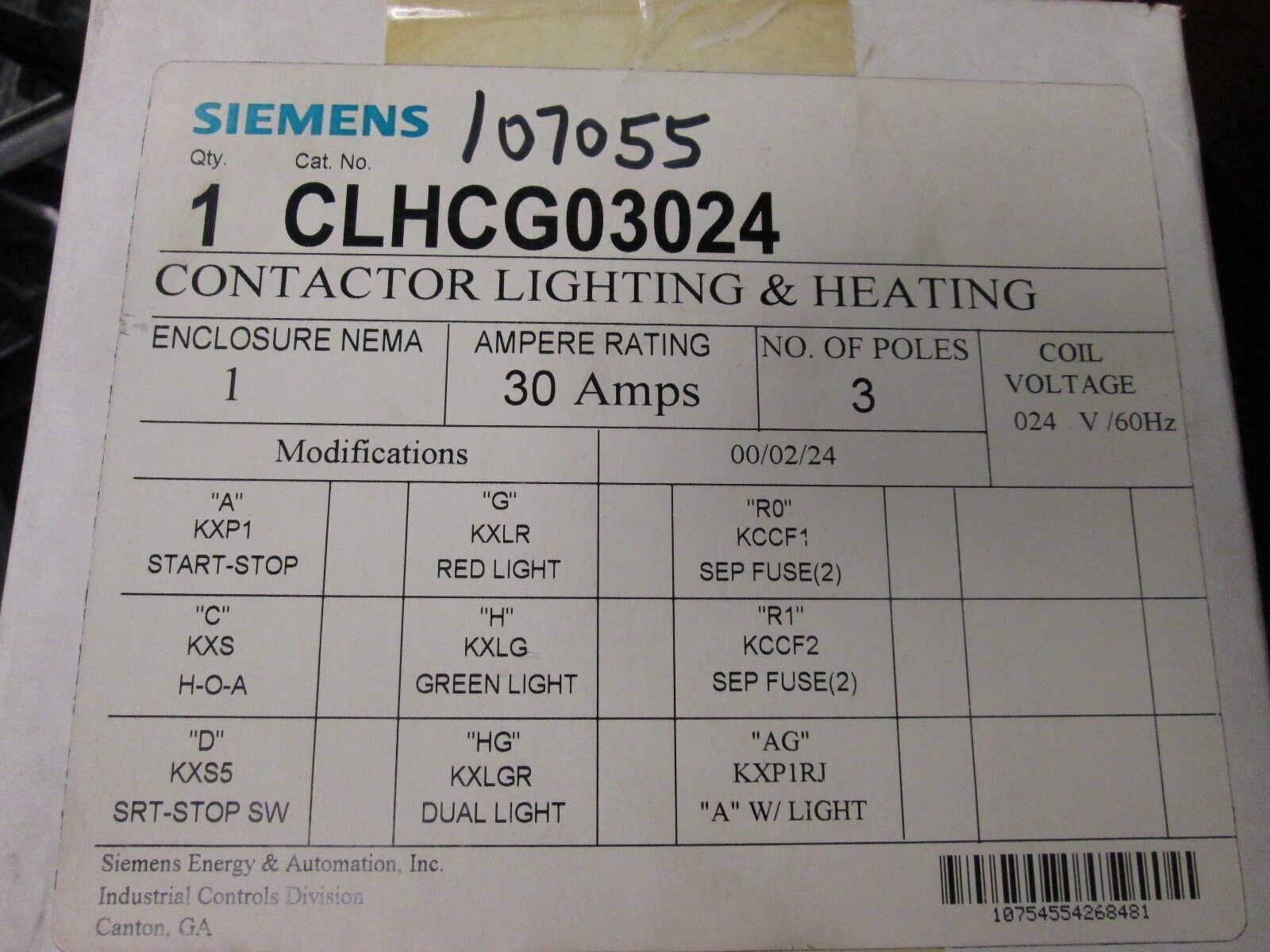 Siemens Lighting Contactor CLHCG03024 30A 3P 24V Coil Nema 1 New Surplus