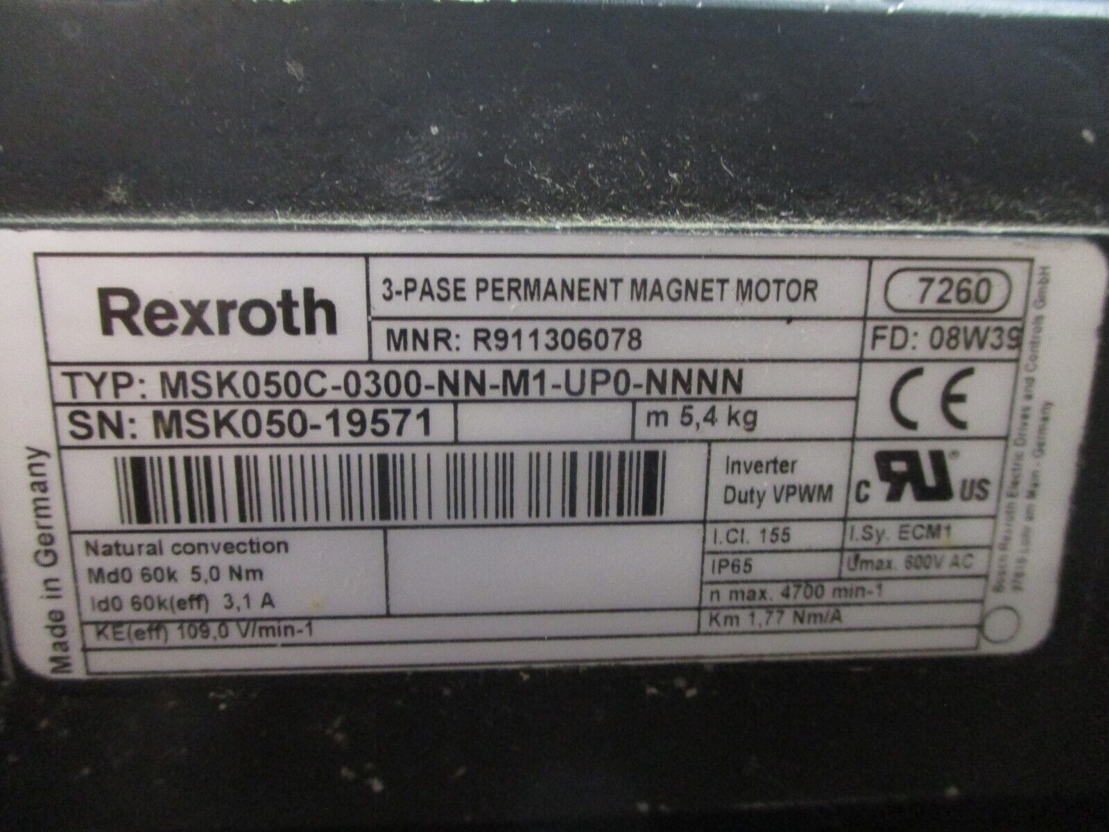 Rexroth Servo Motor MSK050C-0300-NN-M1-UP0-NNNN 600V 1.77Nm/A nMax: 4700min-1