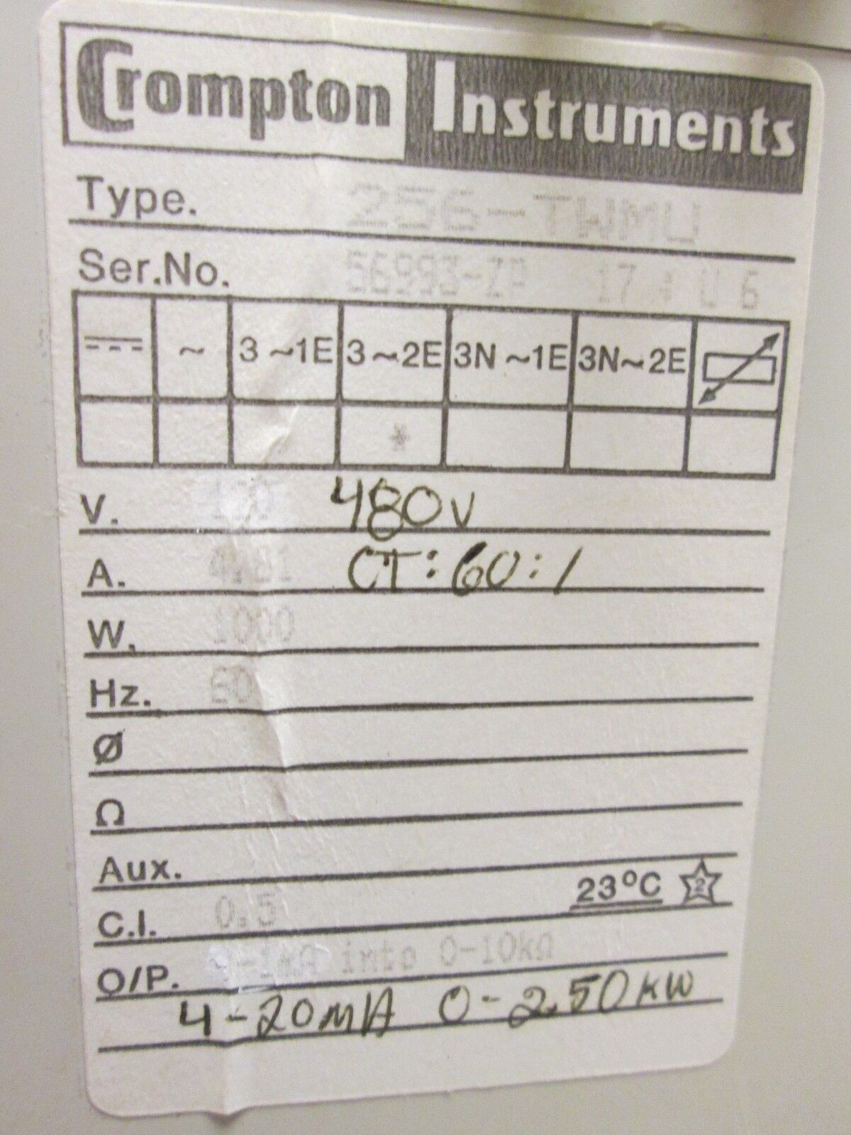 Crompton Transducer 256-TMWU 480V CT 60:1 1000W 60Hz Used