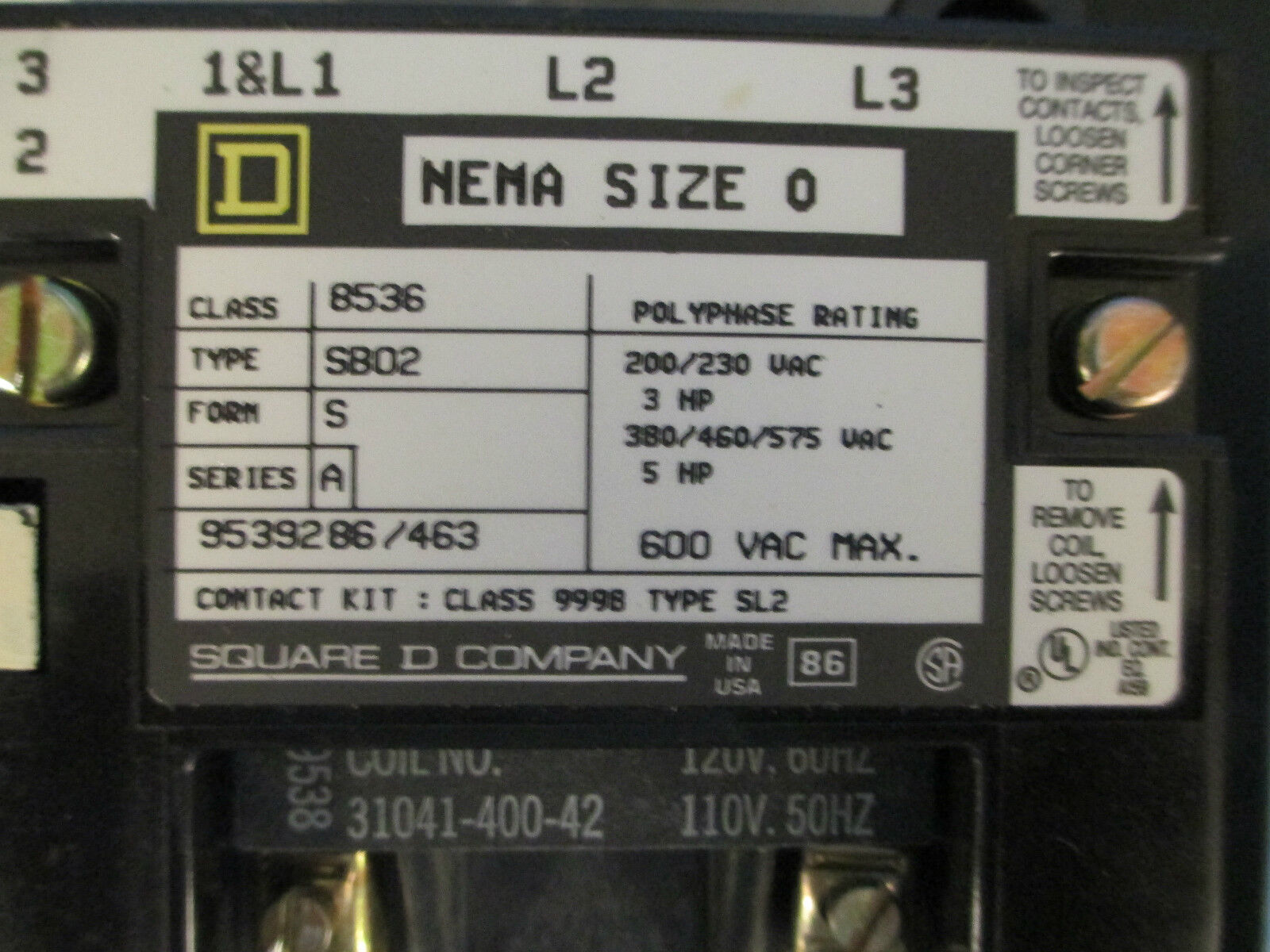 Square D 8536SBO2 8536SB02 Nema Size 0 Starter New Surplus