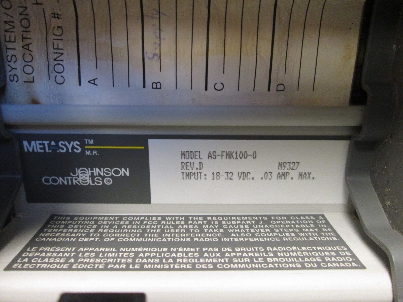 Johnson Controls/Metasys Function Module AS-FMK100-0 In: 18-32VDC .03A Max Used