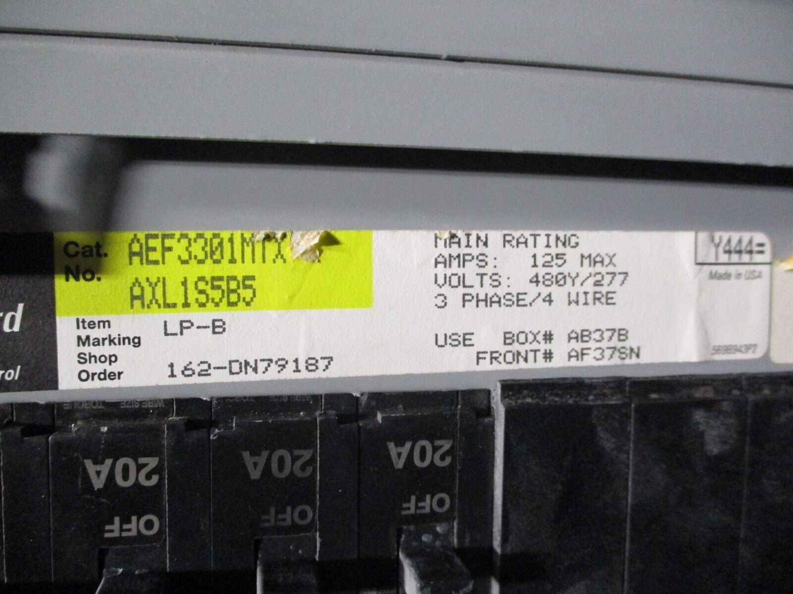 GE Main Lug Breaker Panel AEF3301MTX 125A Max 480/277V 3Ph 4W 30-Slot Used