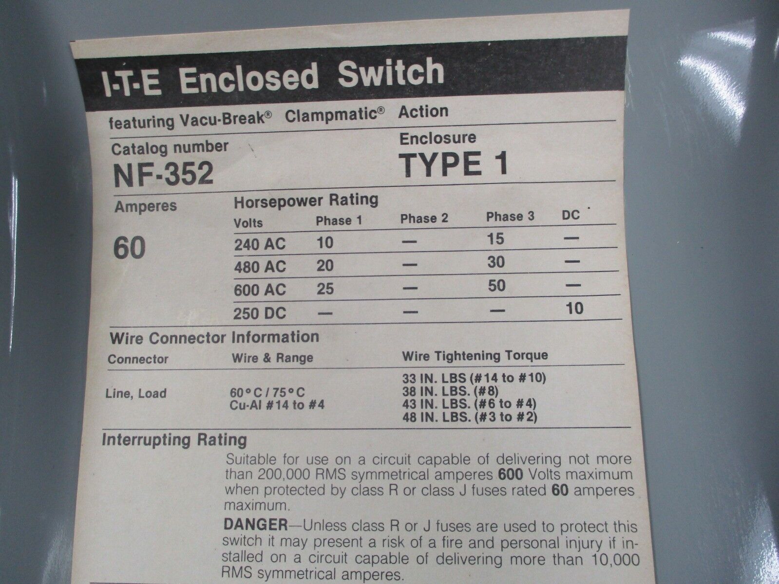 ITE Non-Fusible Safety Switch/Disconnect NF352 60A 600V 3Ph Type 1 Enclosure
