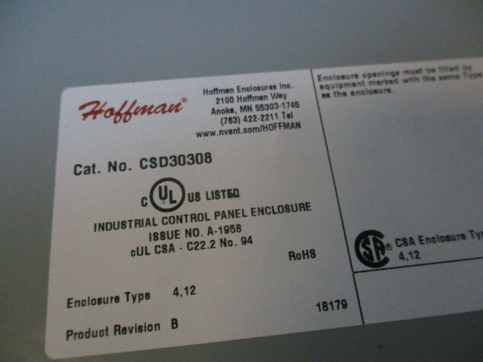 Hoffman Type 4, 12 Enclosure CSD30308 Size: 30x30x8" Used