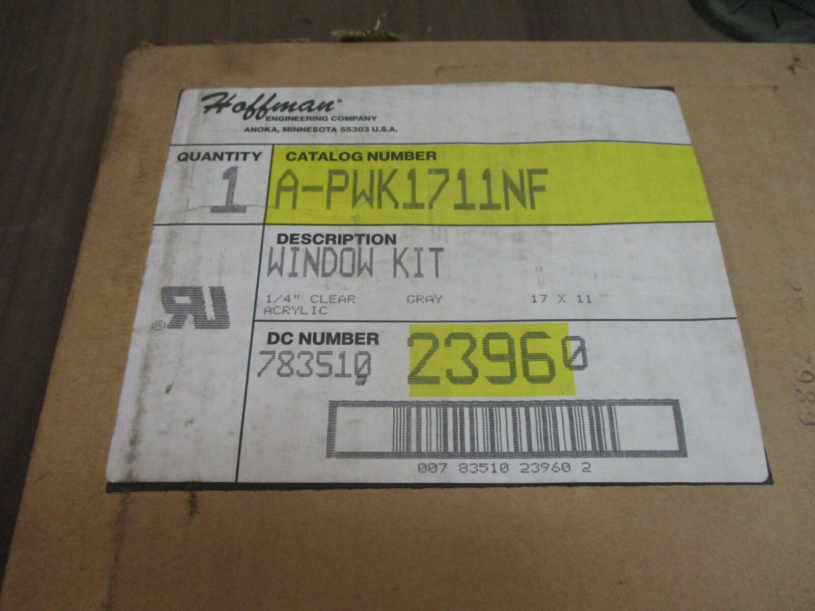 Hoffman Window Kit A-PWK1711NF 1/4" ClearAcrylic Gray 17x11" New Surplus