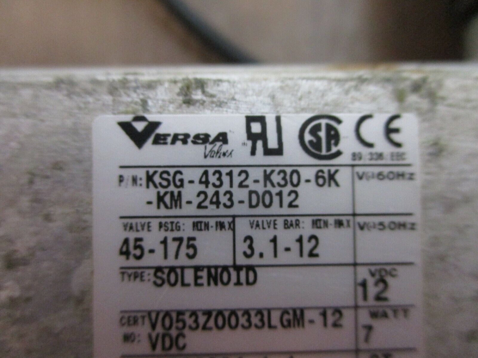 Versa Solenoid Valve KSG-4312-K30-6K-KM-243-D012 45-175PSIG 12VDC 7W Used