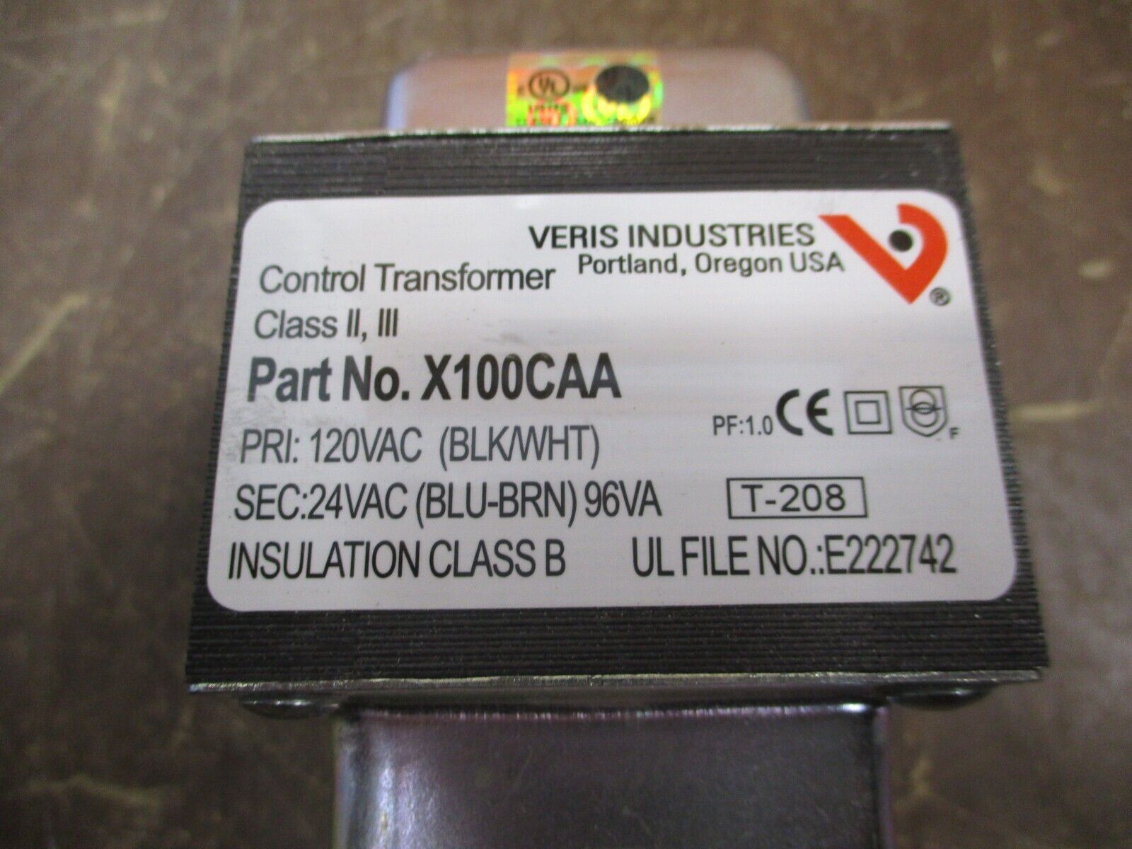 Veris Control Transformer X100CAA Pri: 120VAC Sec: 24VAC 96VA Used