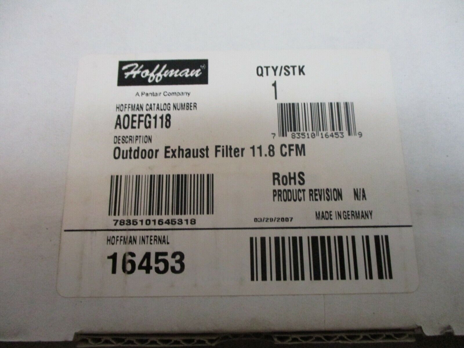 Hoffman Outdoor Exhaust Filter AOEFG118 11.8 CFM New Surplus