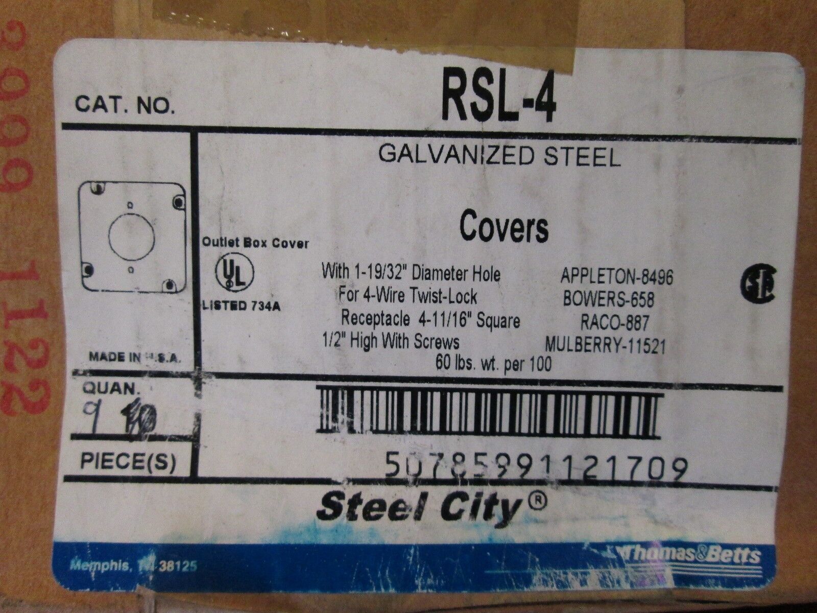 Thomas & Betts Round Outlet Steel Cover RSL-4 *Box of 9* Size 4-11/16"