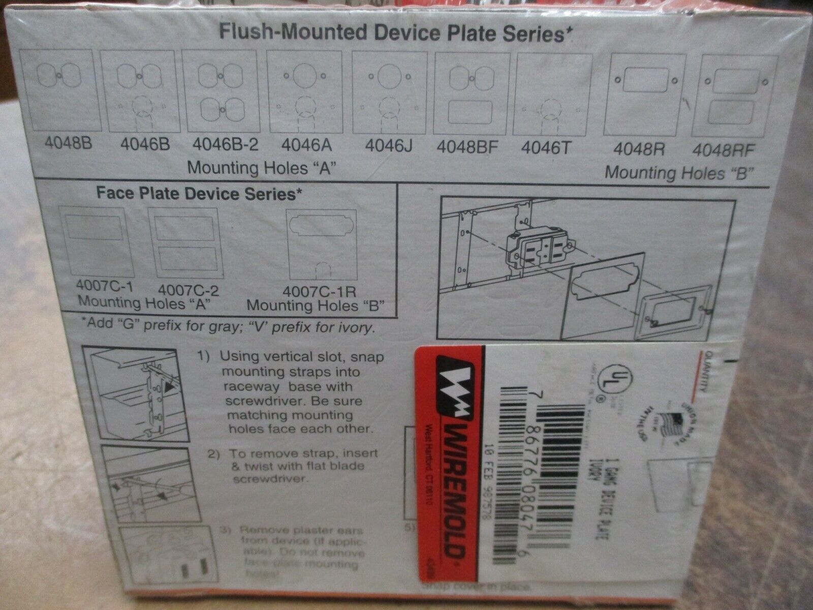 Wiremold Device Plate V4007C-1 1-Gang Ivory *Lot of 8* New Surplus