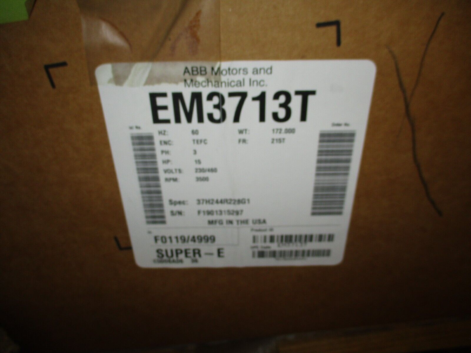 Baldor Motor EM3713T 15HP 3600RPM 208-230/460V 36.8-34/17A 60Hz 3Ph New Surplus