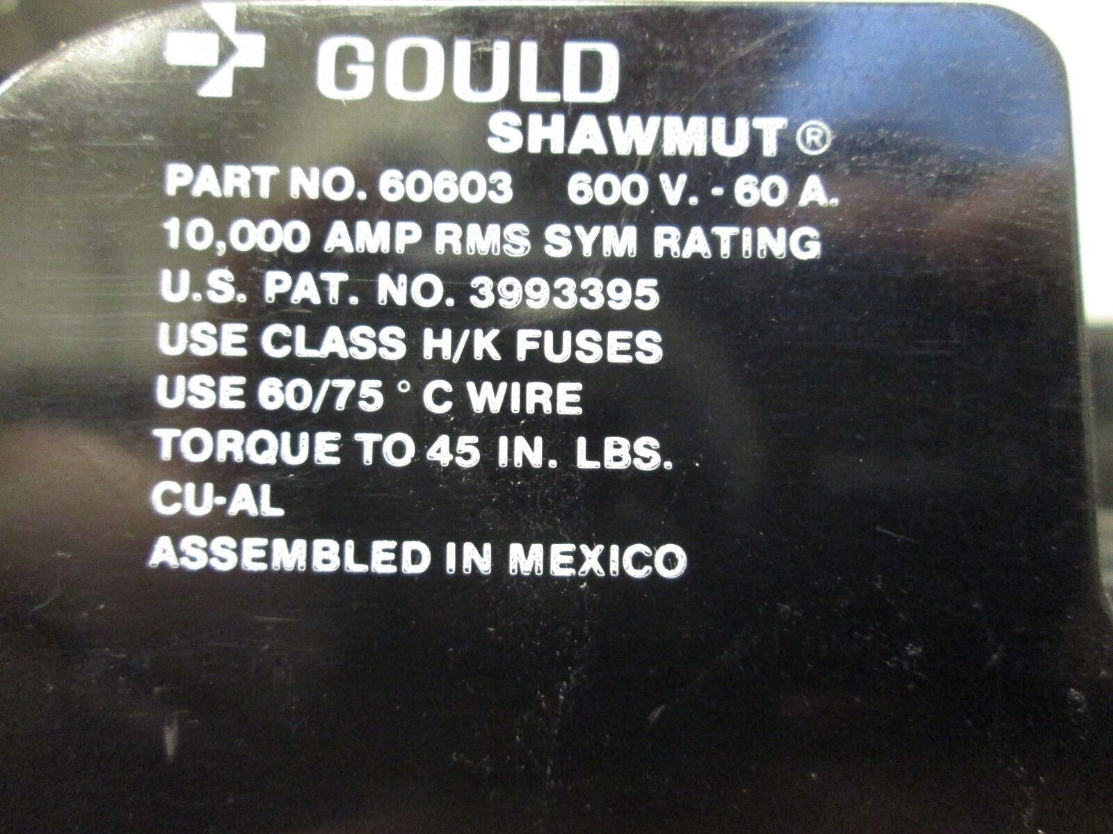 Gould Fuse Block 60603 60A 600V 3P Used