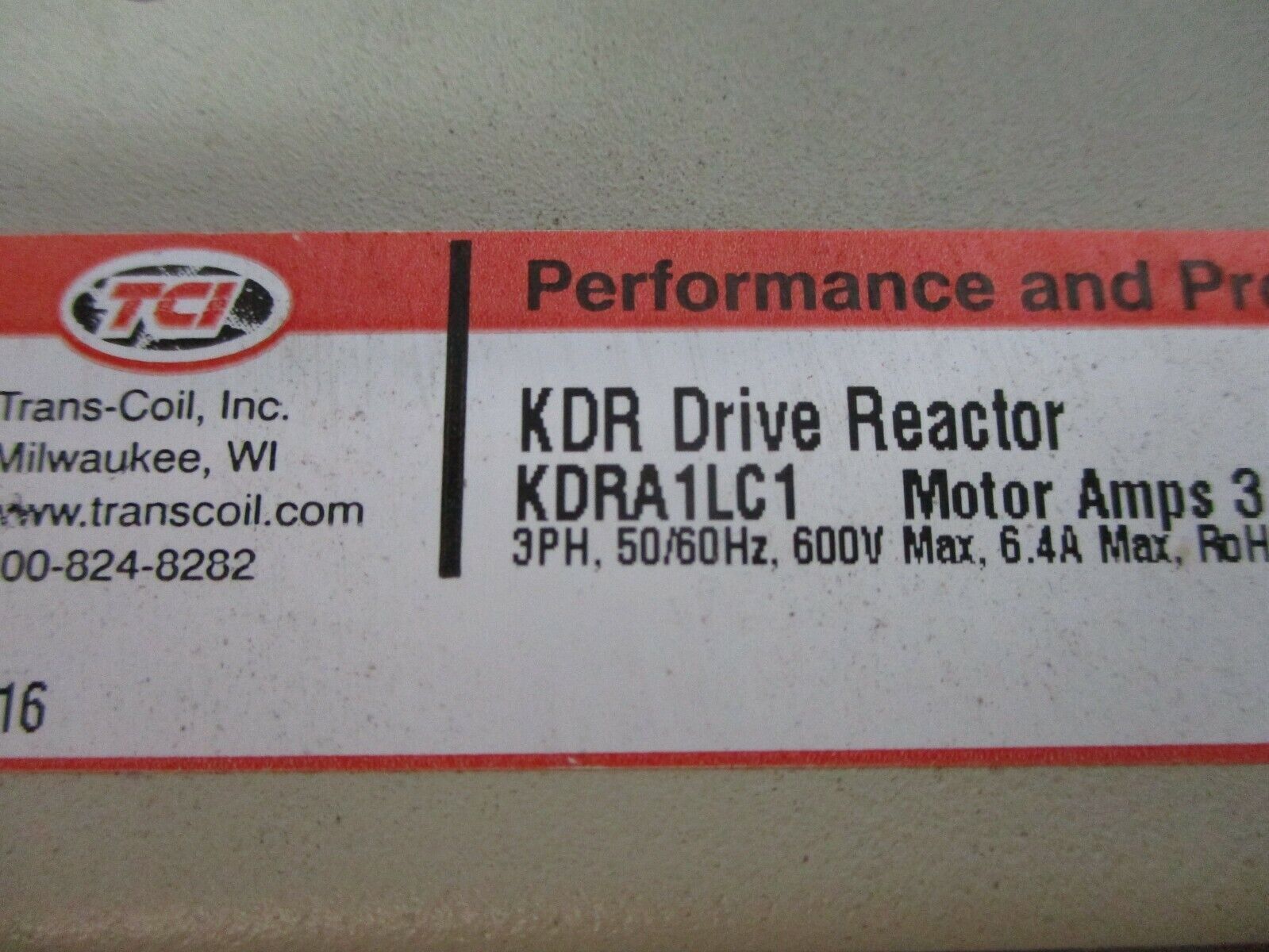 TCI KDR Drive Reactor KDRA1LC1 Motor Amps: 3.4A 3Ph 50/60Hz 600V 6.4A Max Used