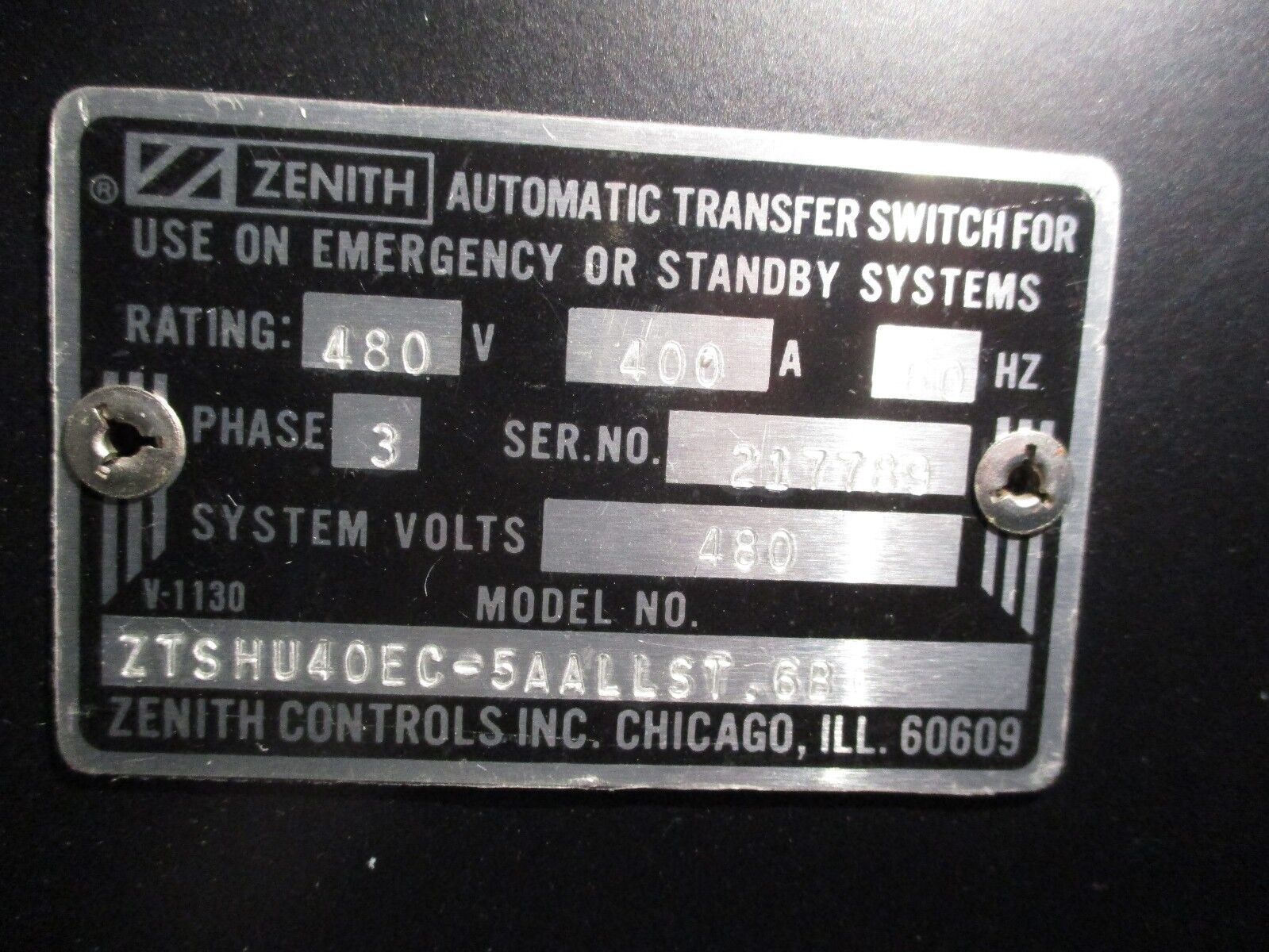 Zenith Automatic Transfer Switch ZTSHU40EC-5AALLST.6B 400A 480V 60Hz 3Ph Used