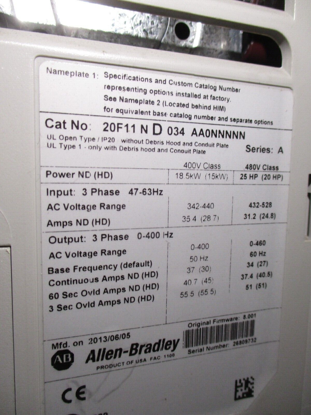 Allen-Bradley PowerFlex 753 AC Drive 20F11ND034AA0NNNNN 25HP 3Ph w/ Keypad Used