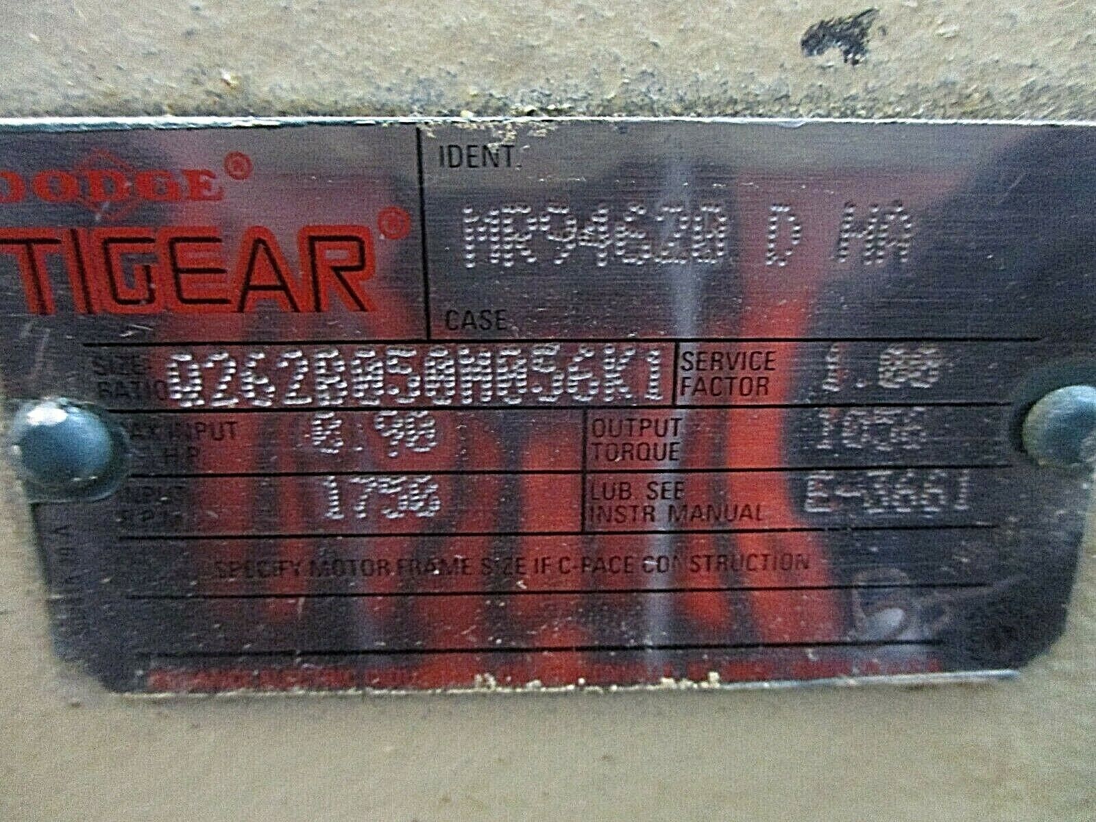 Dodge Tigear Reducer Q262B050M056K1 Ratio 50:1 0.90HP In 1750RPM In Used