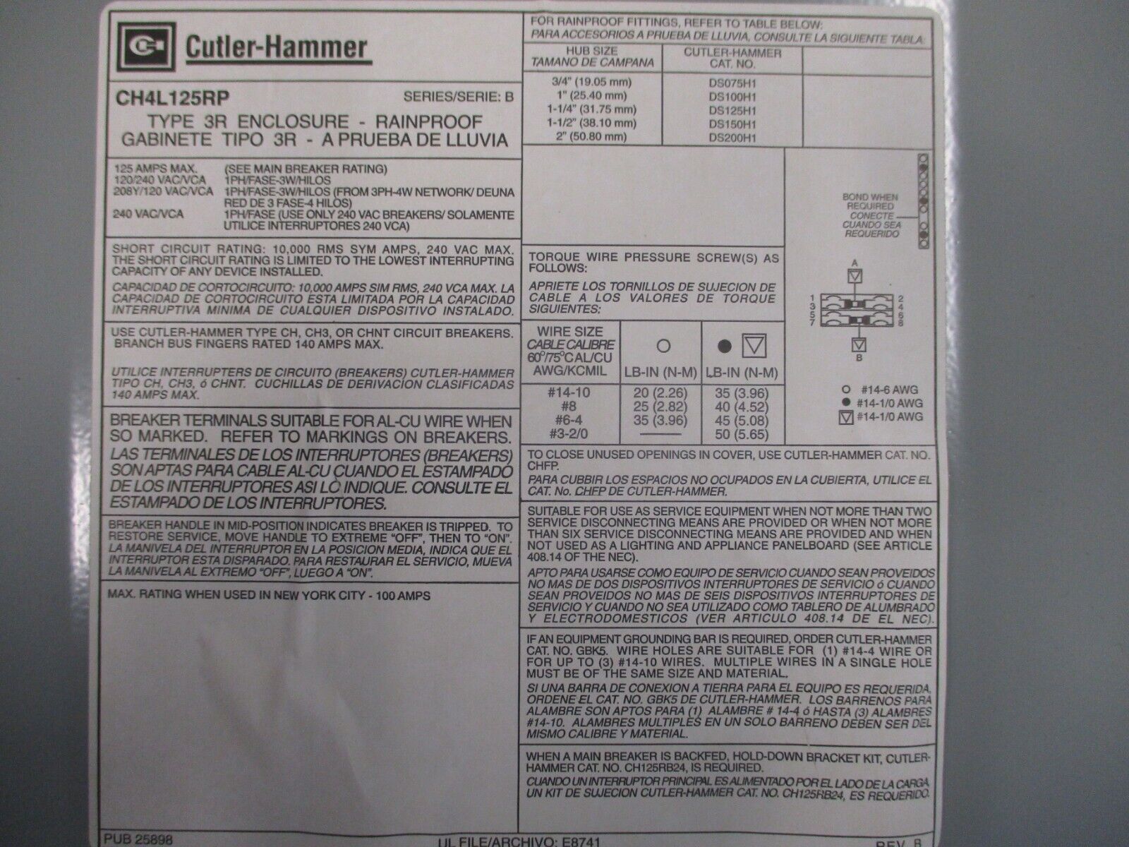 Cutler-Hammer 3R Main Lug Load Center CH4L125RP 125A 120/240V 1P 3W 4-Slot