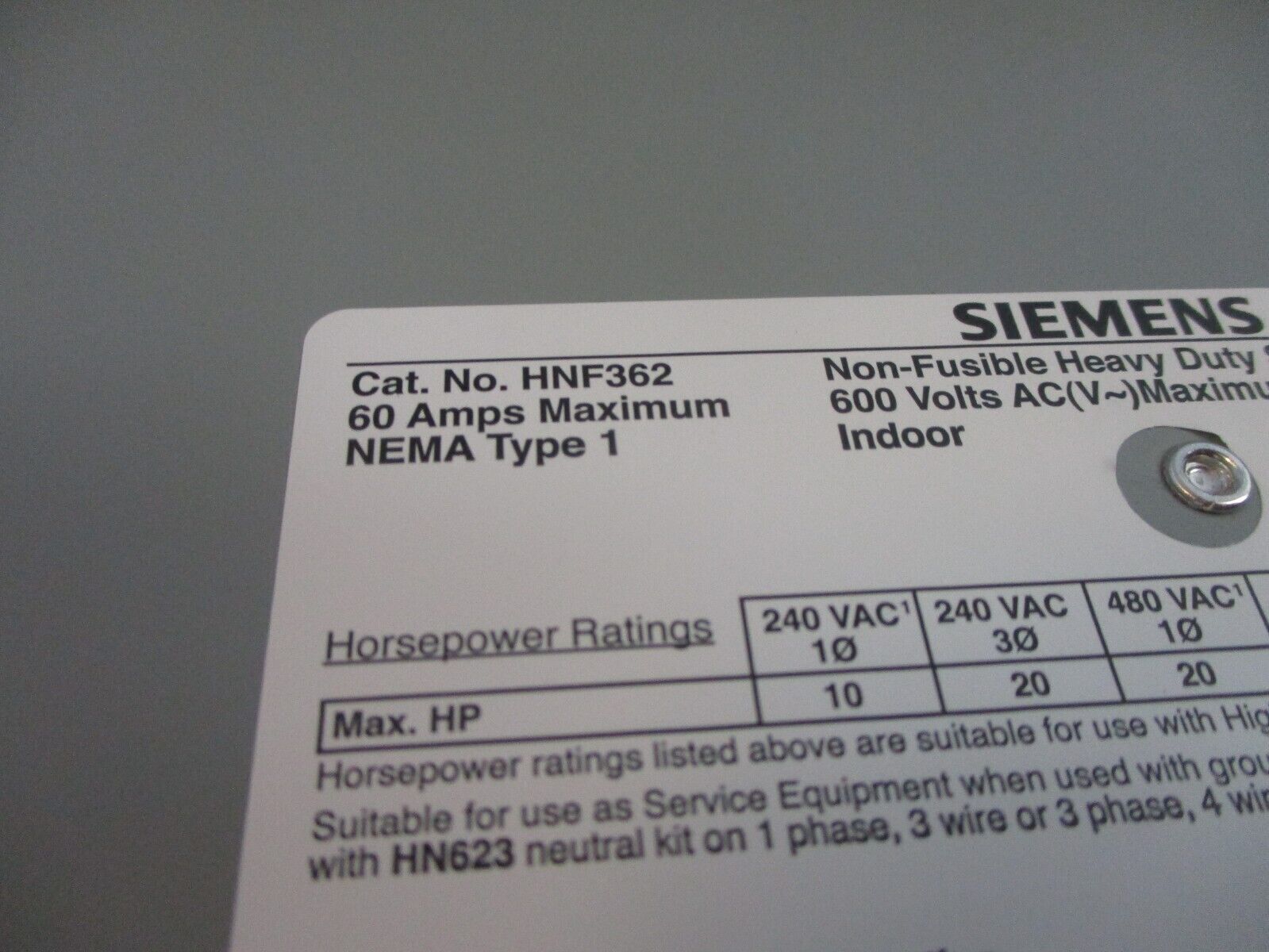 Siemens Safety Non-Fusible Switch / Disconnect HNF362 60A 600V Used