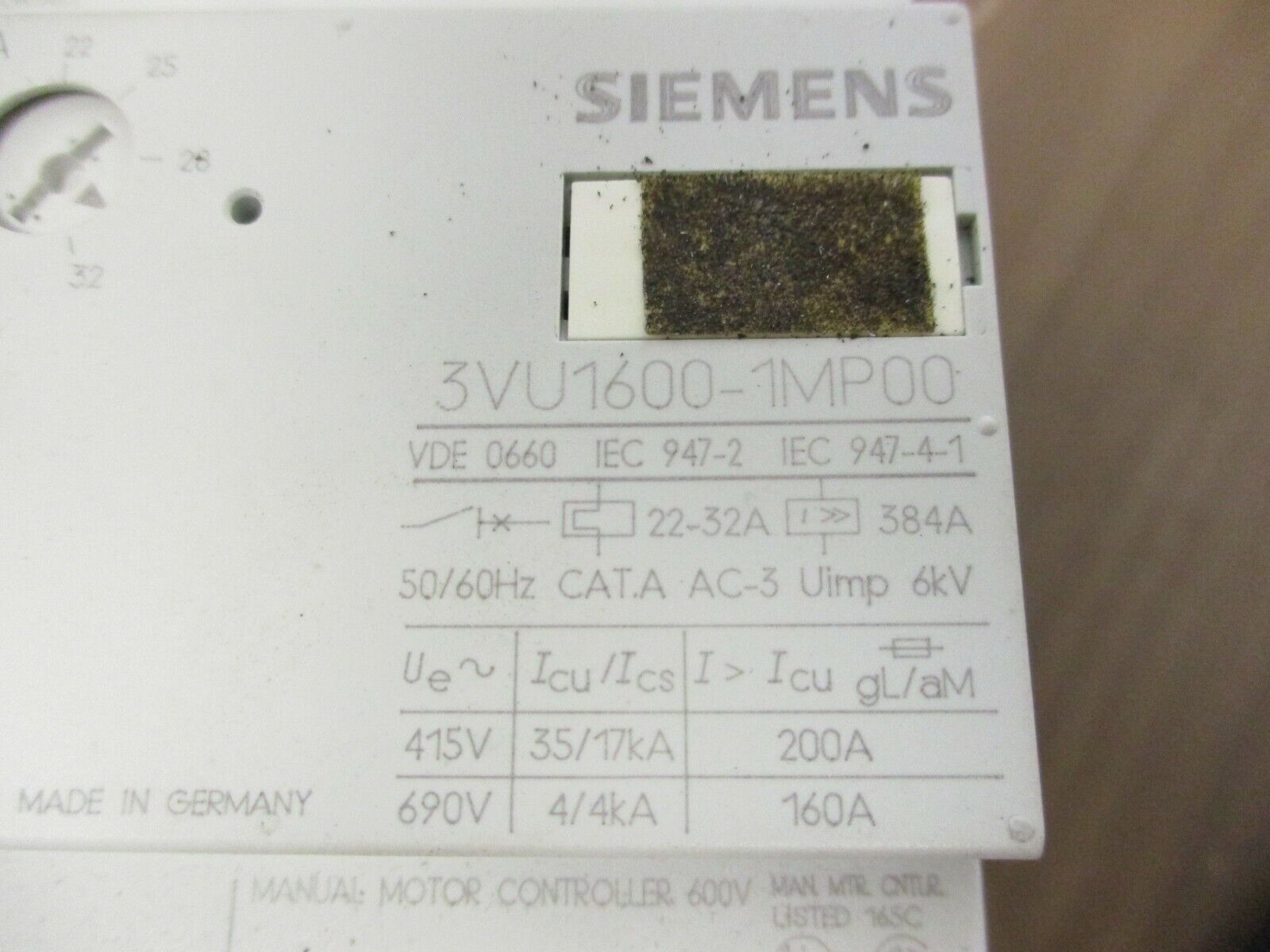 Siemens Manual Starter 3VU1600-1MP00 Trip: 22-32A Used