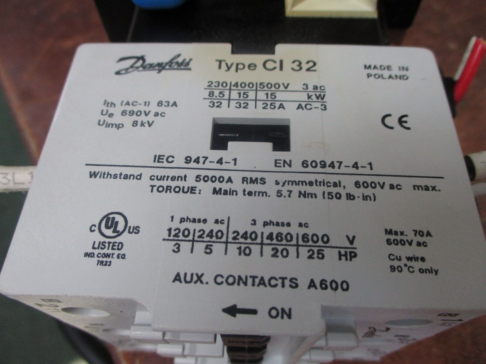 Danfoss Contactor CI 32 110V Coil 70A 600V Used