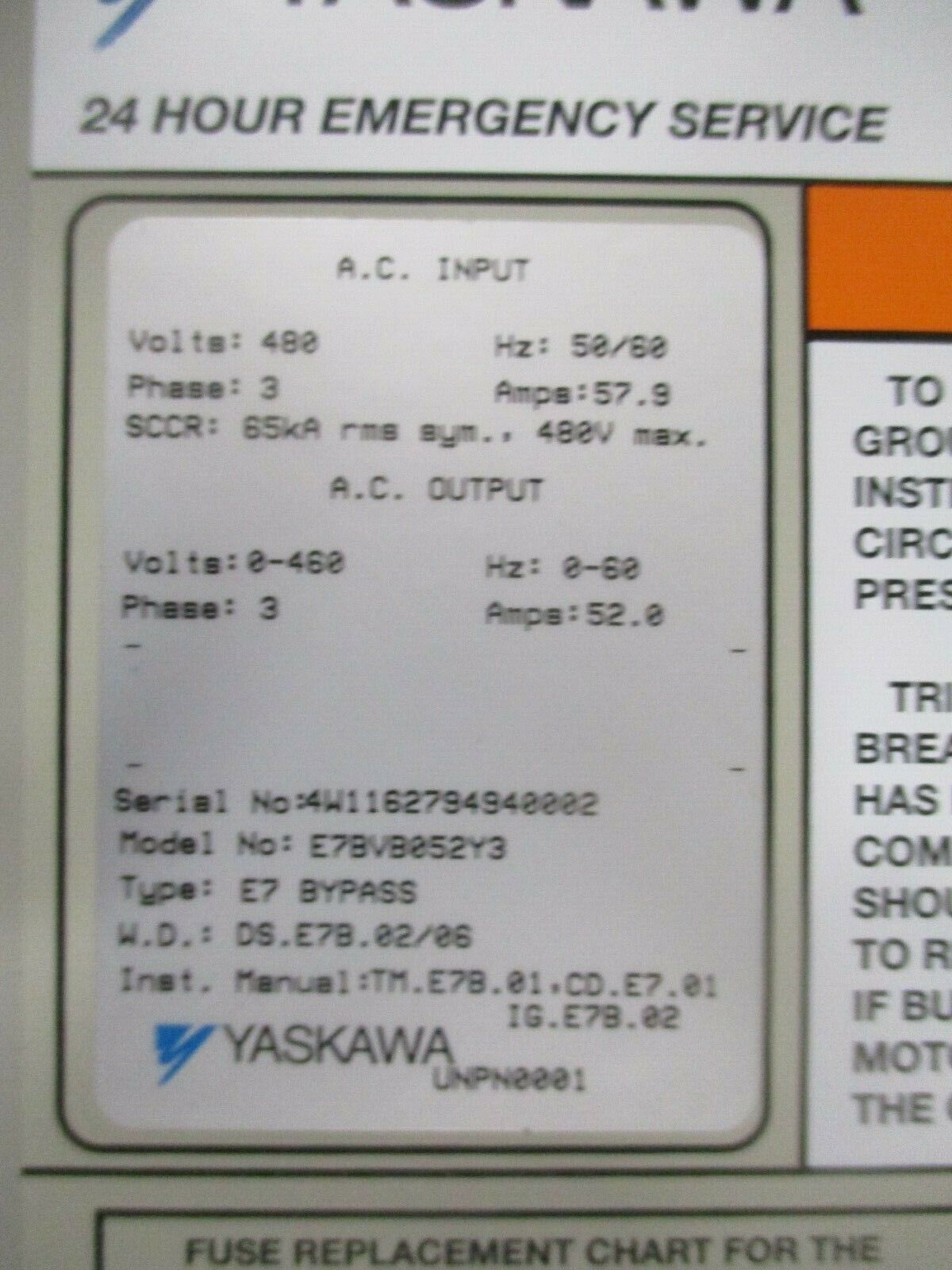 Yaskawa E7 AC Drive w/ Bypass E7BVB052Y3 50HP 3Ph Used