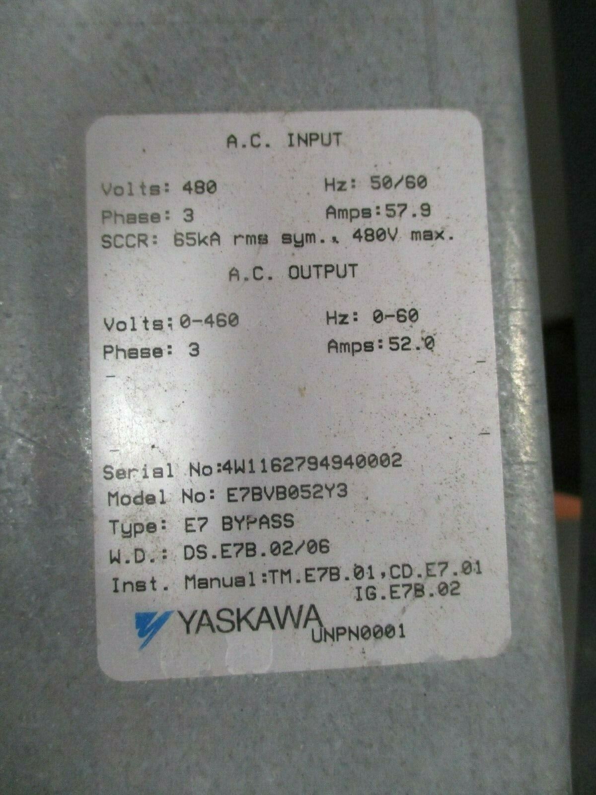 Yaskawa E7 AC Drive w/ Bypass E7BVB052Y3 50HP 3Ph Used